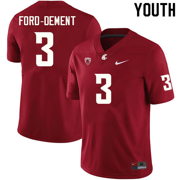 Youth #3 Kaleb Ford-Dement Washington State Cougars College Football Jerseys Sale-Crimson